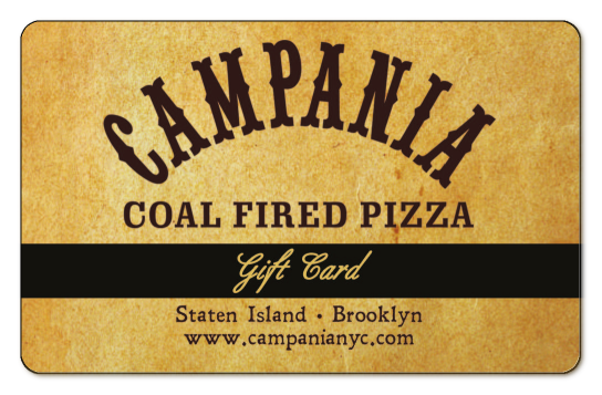 campania coal fired pizza brown text on a parchment background